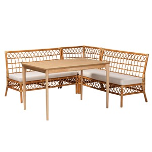 Pemberly Row Honey Rattan 4-Piece Dining Nook Set with Cushions