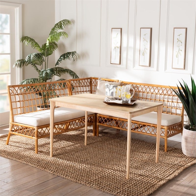 Pemberly Row Honey Rattan 4-Piece Dining Nook Set with Cushions