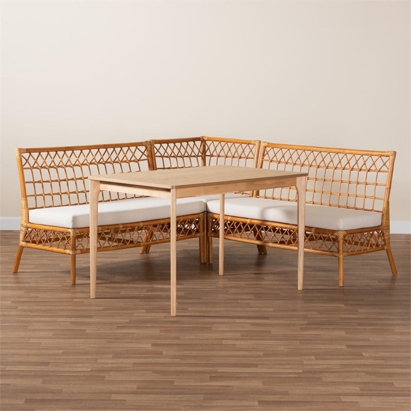 Pemberly Row Honey Rattan 4-Piece Dining Nook Set with Cushions