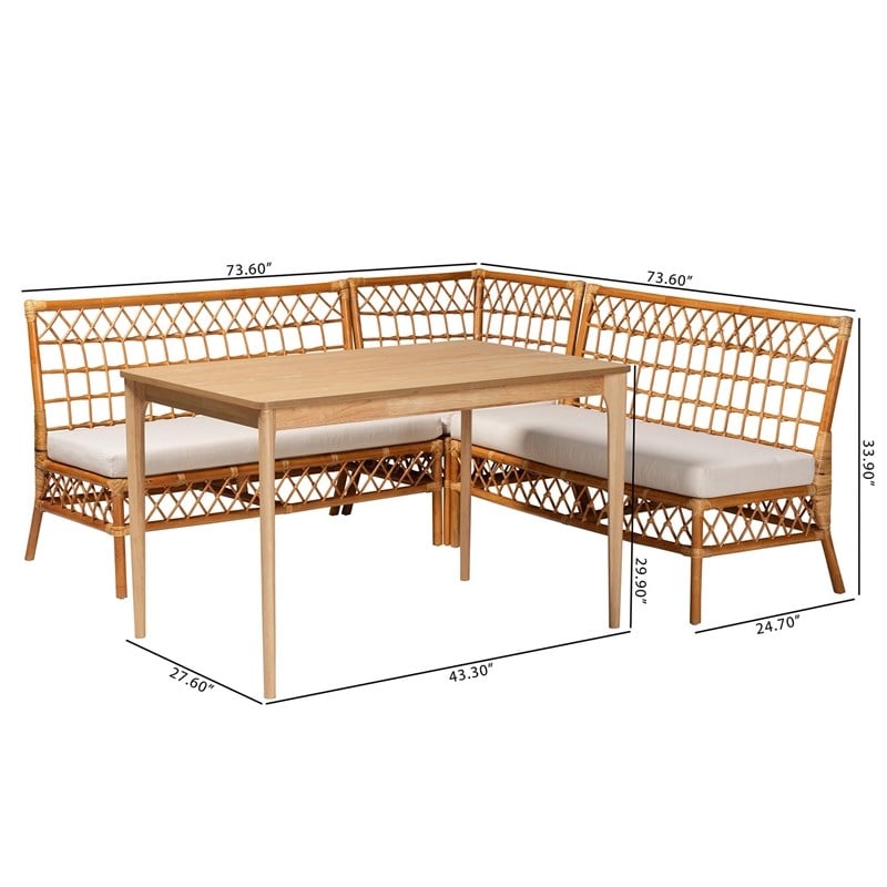 Pemberly Row Honey Rattan 4-Piece Dining Nook Set with Cushions