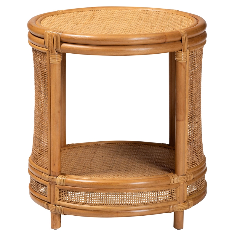 Pemberly Row Rattan End Table with Open Shelf in Natural Brown