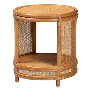Pemberly Row Rattan End Table with Open Shelf in Natural Brown
