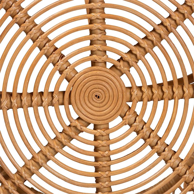 Pemberly Row Round Rattan Coffee Table with Openwork Base in Natural Brown