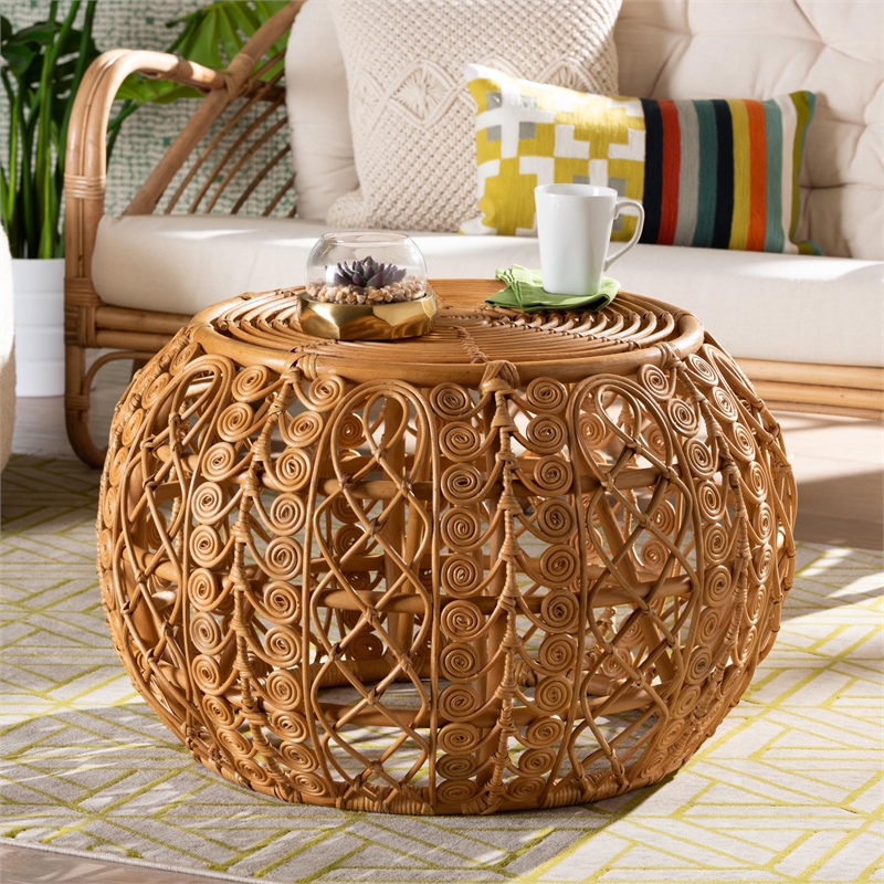 Pemberly Row Round Rattan Coffee Table with Openwork Base in Natural Brown