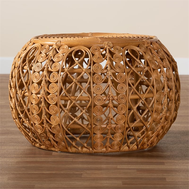 Pemberly Row Round Rattan Coffee Table with Openwork Base in Natural Brown