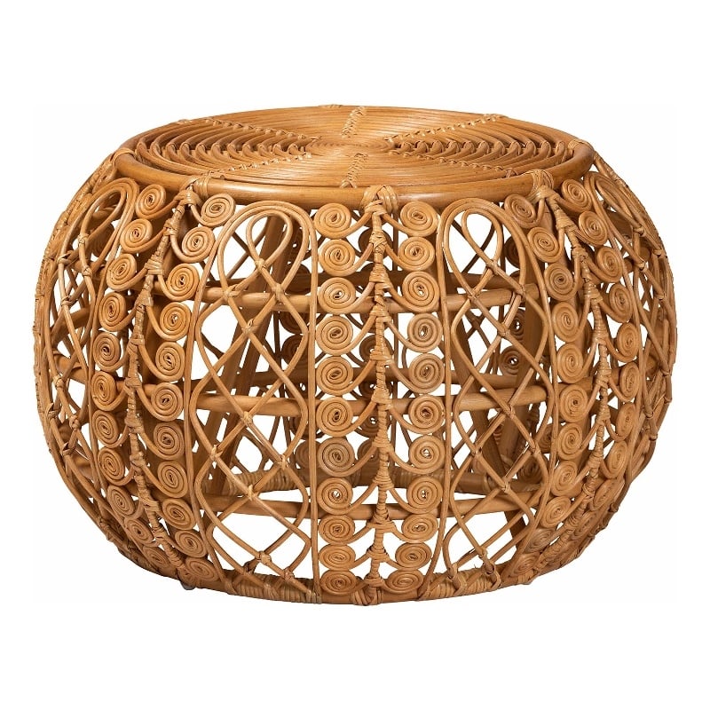 Pemberly Row Round Rattan Coffee Table with Openwork Base in Natural Brown