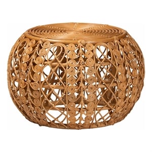 Pemberly Row Round Rattan Coffee Table with Openwork Base in Natural Brown