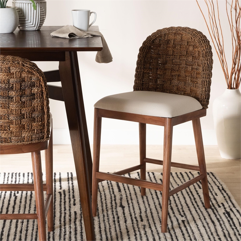 Pemberly Row Acacia Wood and Seagrass Counter Stool Set of 2 in Brown