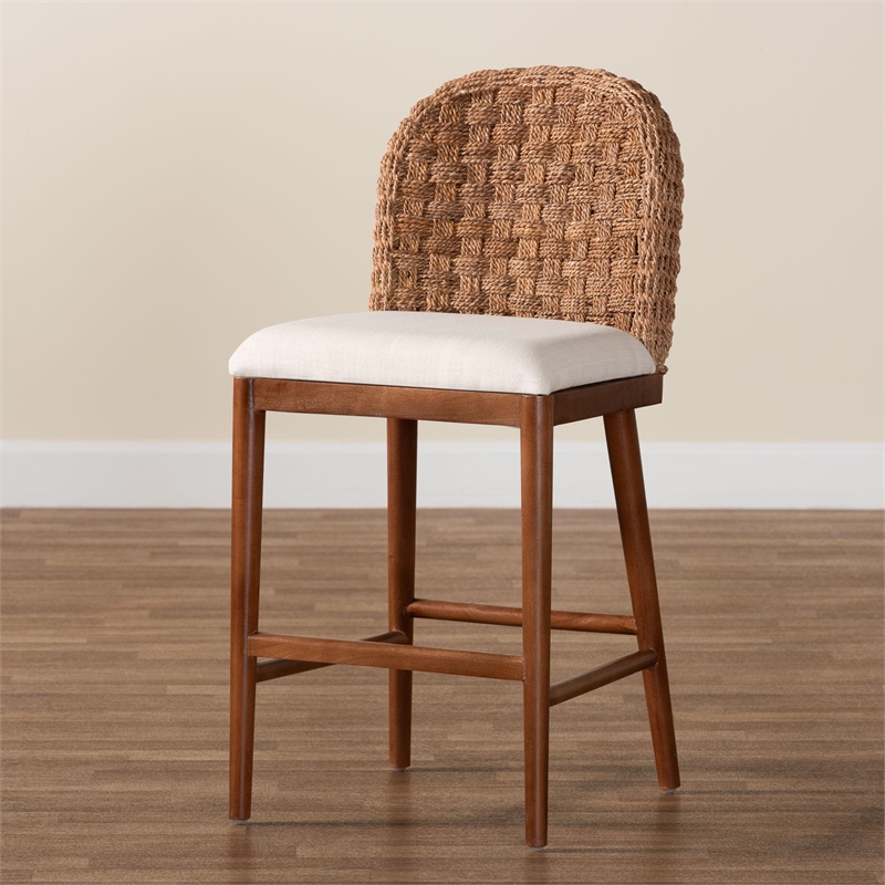 Pemberly Row Acacia Wood and Seagrass Counter Stool Set of 2 in Brown