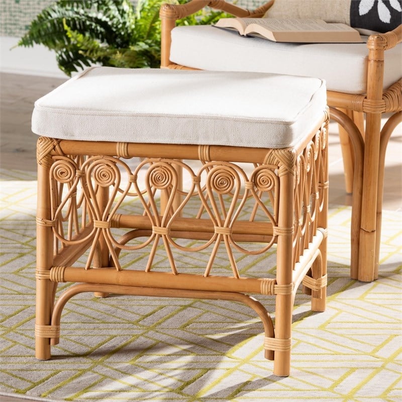 Pemberly Row Contemporary Rattan Footstool with Cushion in Natural Brown