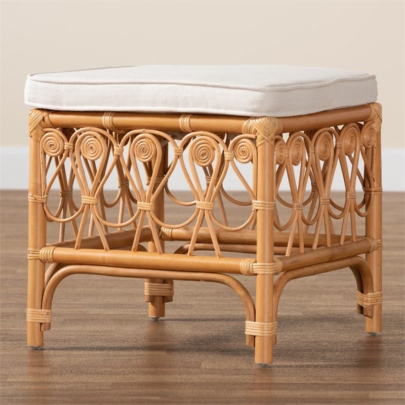 Pemberly Row Contemporary Rattan Footstool with Cushion in Natural Brown