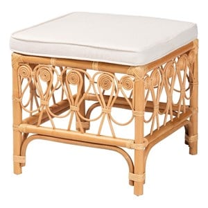 Pemberly Row Contemporary Rattan Footstool with Cushion in Natural Brown