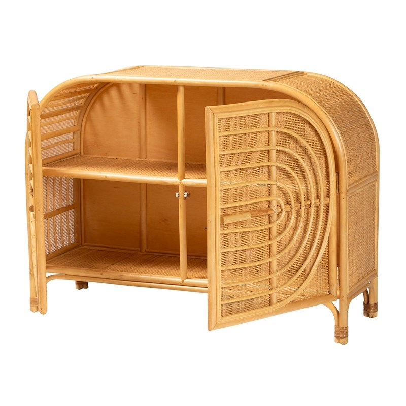 Pemberly Row 2-Door Rattan Sideboard with Shelves in Natural Brown