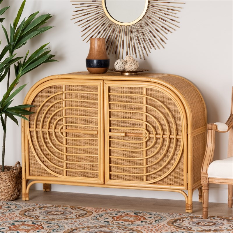 Pemberly Row 2-Door Rattan Sideboard with Shelves in Natural Brown