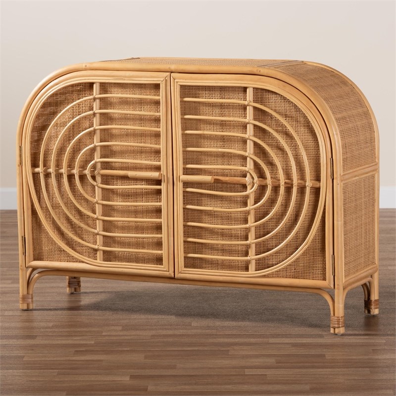Pemberly Row 2-Door Rattan Sideboard with Shelves in Natural Brown