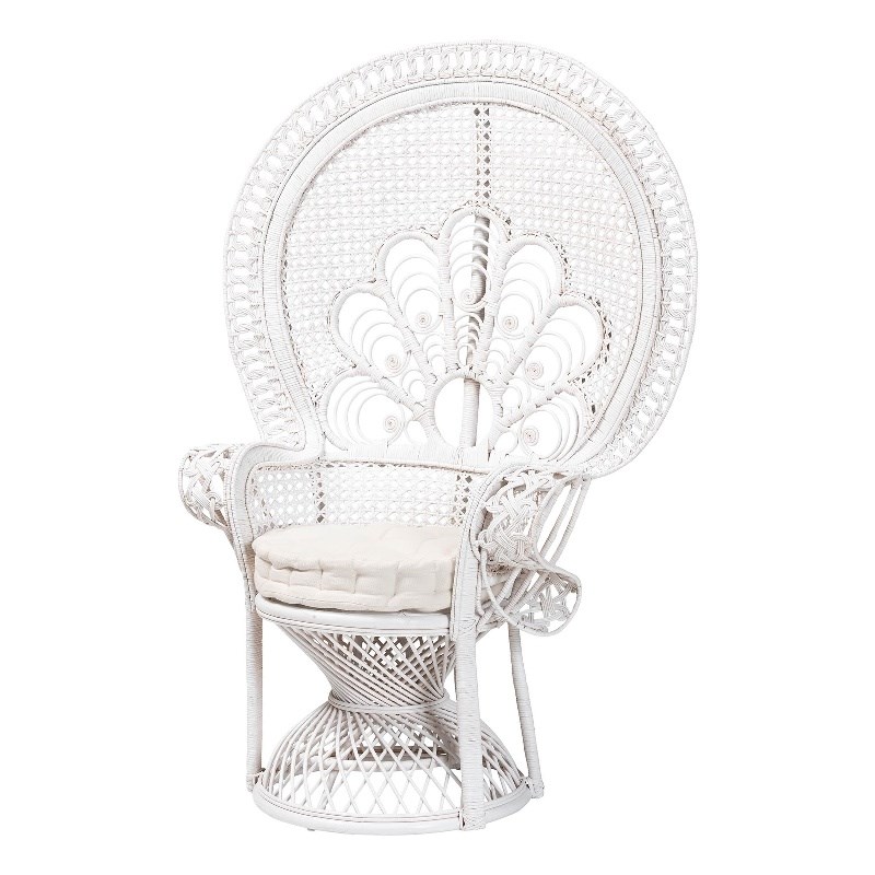 Pemberly Row Natural Rattan Peacock Accent Chair with Cushion in White