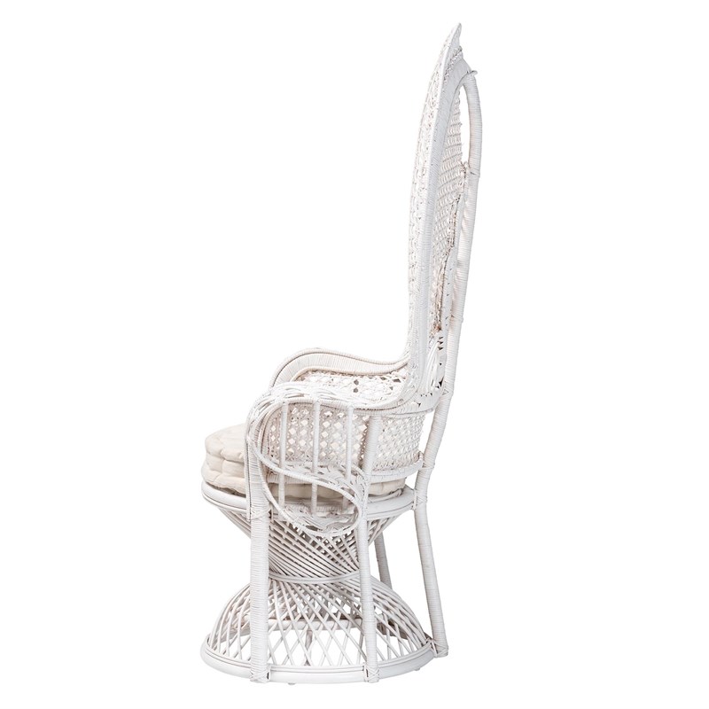 Pemberly Row Natural Rattan Peacock Accent Chair with Cushion in White
