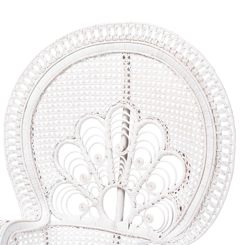 Pemberly Row Natural Rattan Peacock Accent Chair with Cushion in White