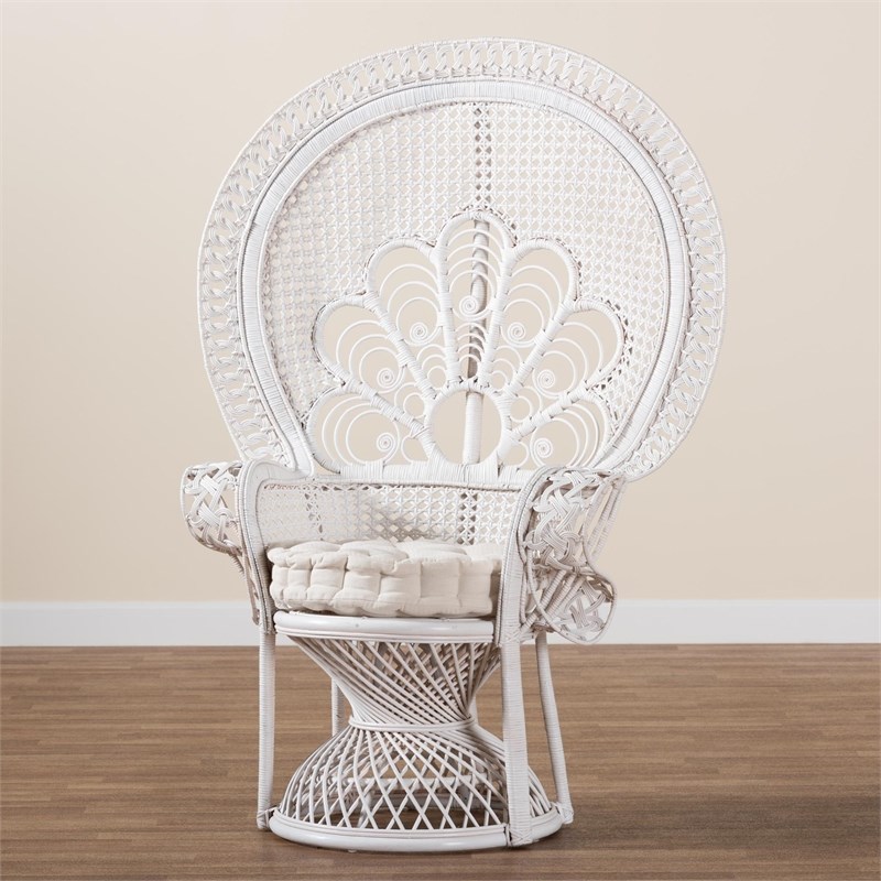 Pemberly Row Natural Rattan Peacock Accent Chair with Cushion in White