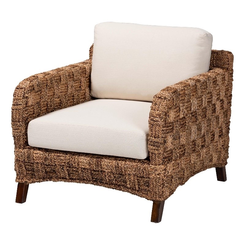 Pemberly Row Mahogany Wood and Seagrass Arm Chair in Dark Brown