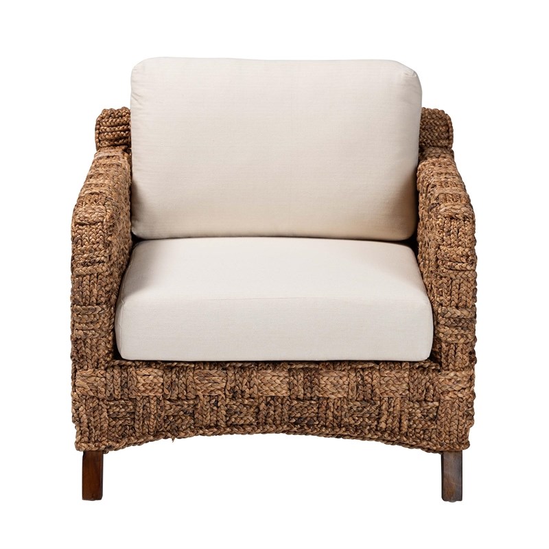 Pemberly Row Mahogany Wood and Seagrass Arm Chair in Dark Brown
