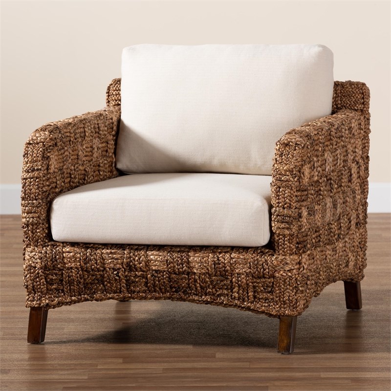 Pemberly Row Mahogany Wood and Seagrass Arm Chair in Dark Brown