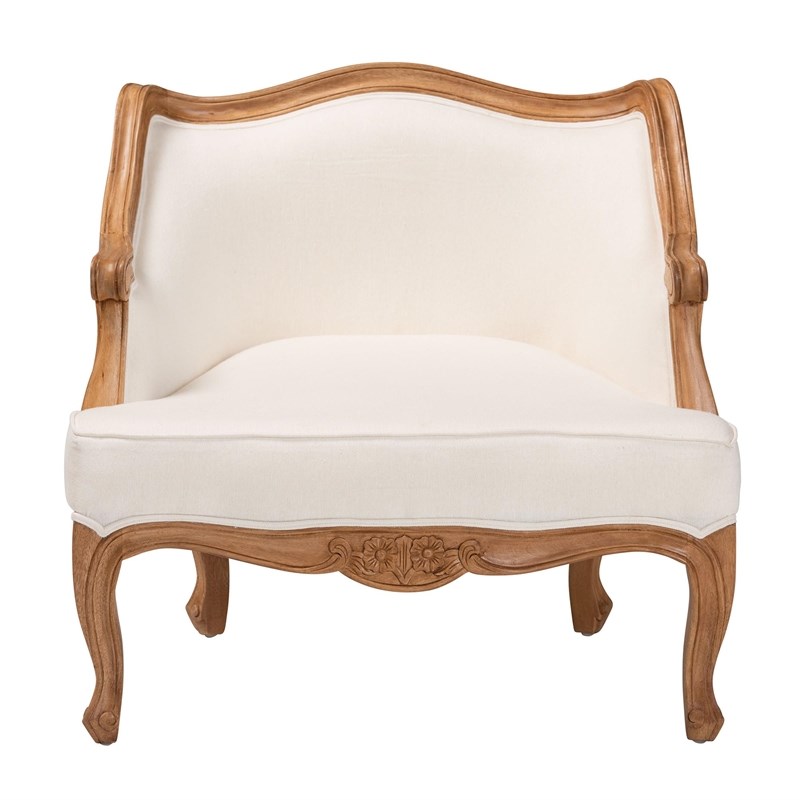 Pemberly Row Petite French Fabric and Bayur Wood Chair in Beige and Honey Oak