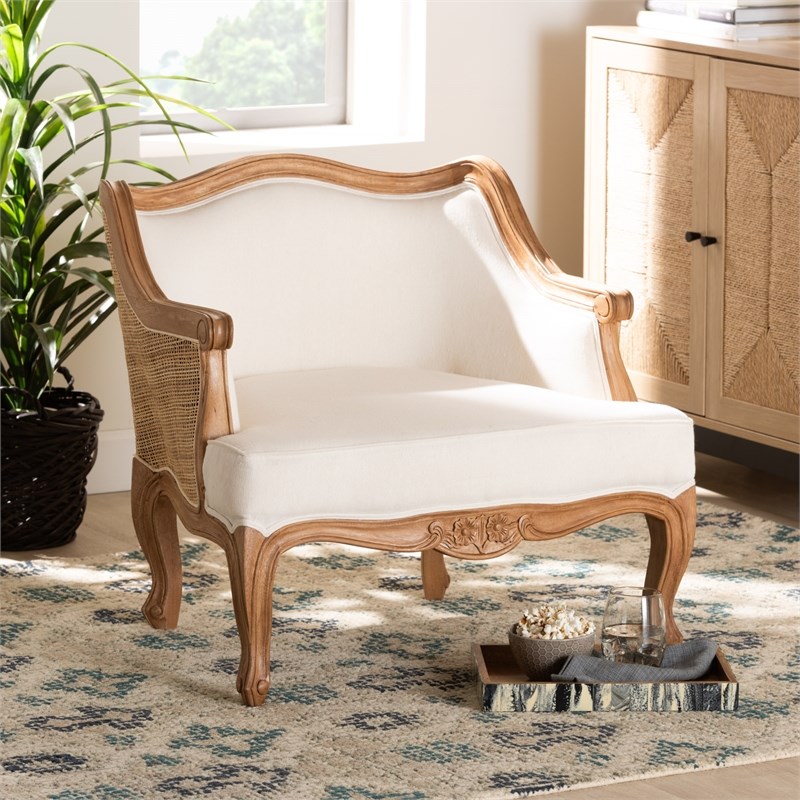 Pemberly Row Petite French Fabric and Bayur Wood Chair in Beige and Honey Oak