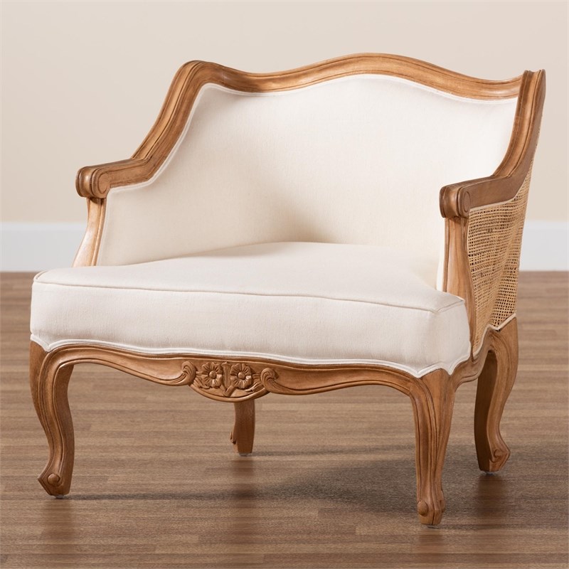 Pemberly Row Petite French Fabric and Bayur Wood Chair in Beige and Honey Oak