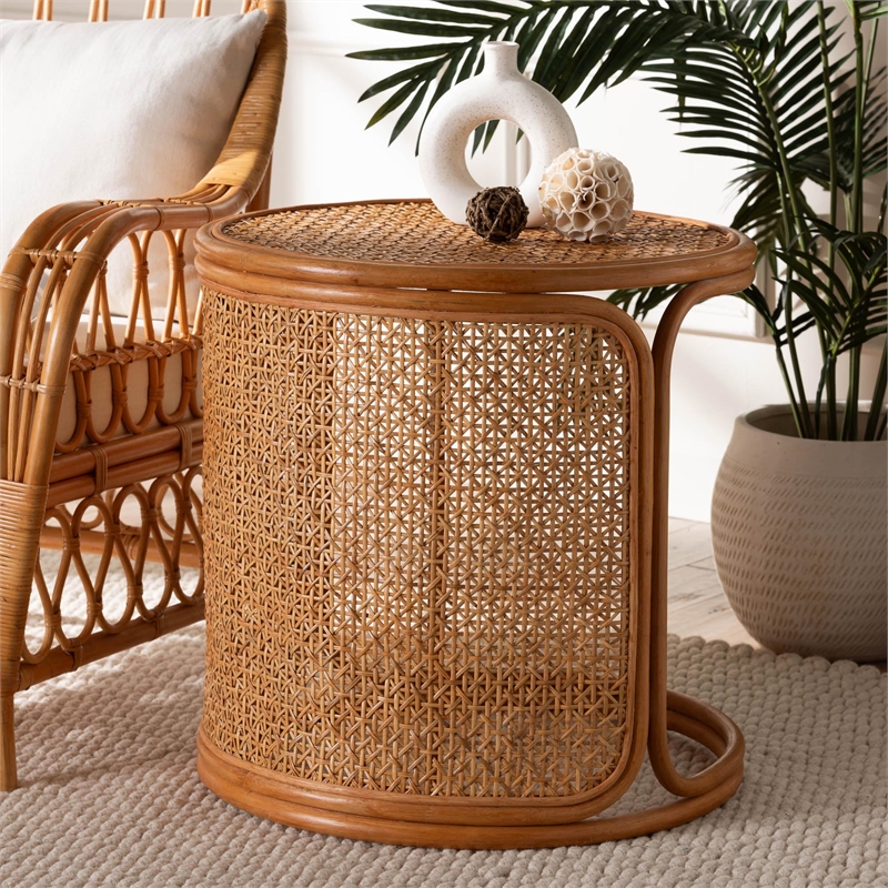 Pemberly Row Honey Rattan Large Round End Table with Openwork Frame