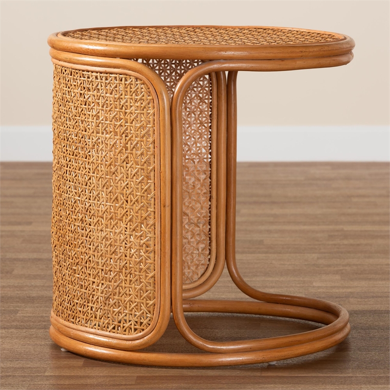 Pemberly Row Honey Rattan Large Round End Table with Openwork Frame