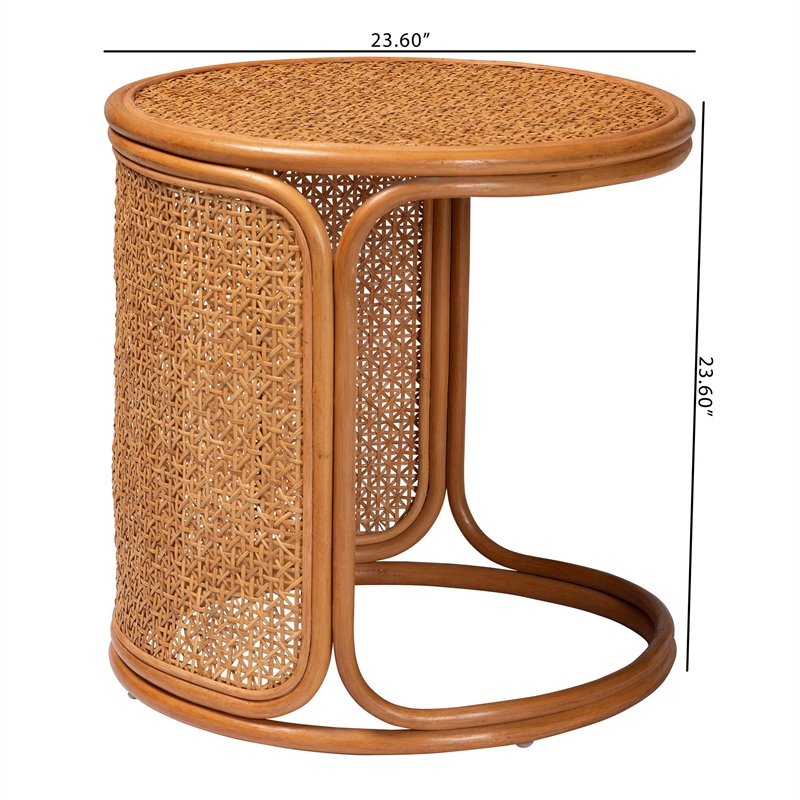 Pemberly Row Honey Rattan Large Round End Table with Openwork Frame