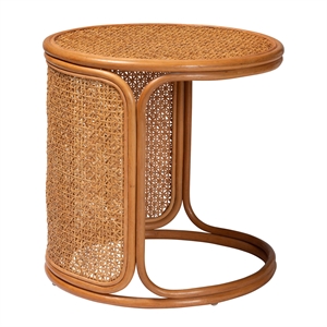 Pemberly Row Honey Rattan Large Round End Table with Openwork Frame