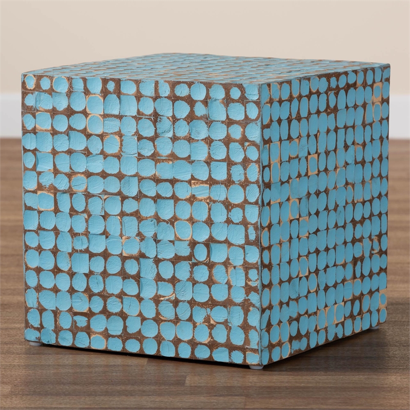 Pemberly Row Sky Blue Coconut Shell and Acacia Wood Square End Table