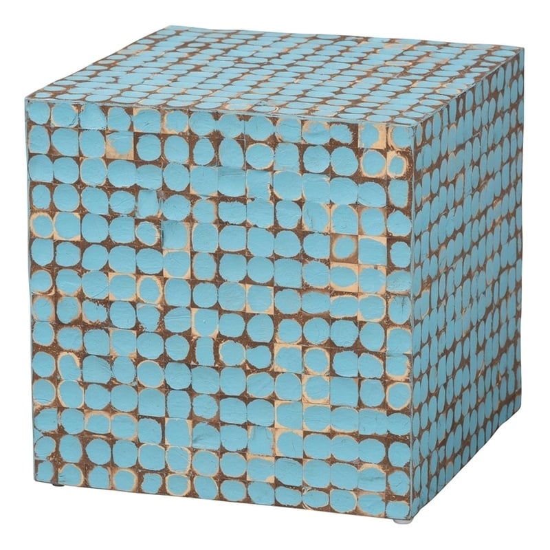 Pemberly Row Sky Blue Coconut Shell and Acacia Wood Square End Table