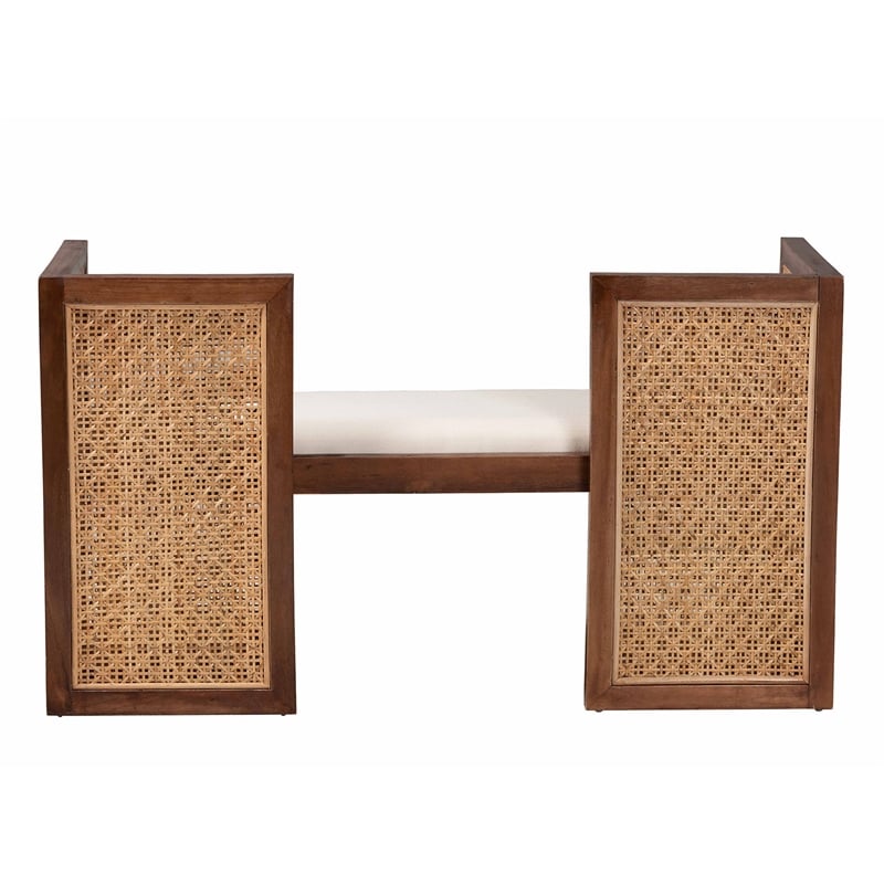 Pemberly Row Light Honey Rattan and Acacia Wood Accent Bench