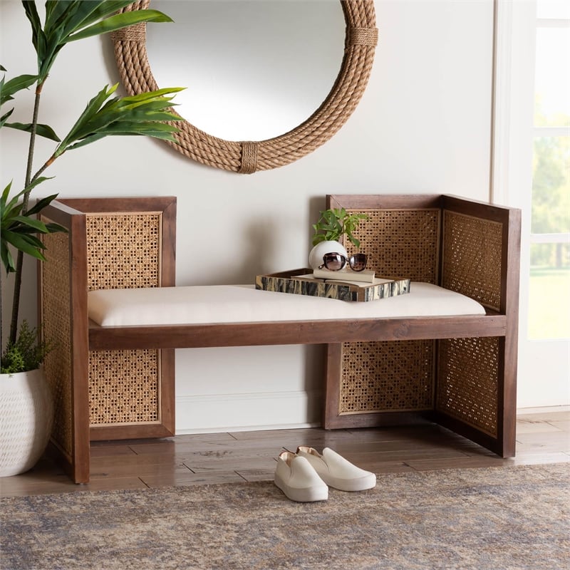 Pemberly Row Light Honey Rattan and Acacia Wood Accent Bench