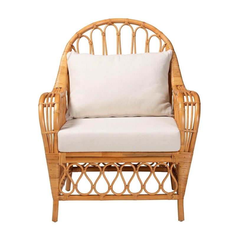 Pemberly Row Light Honey Rattan Arm Chair with Removable Cushions