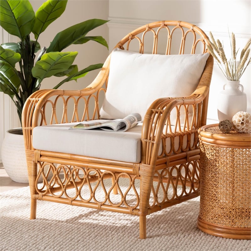 Pemberly Row Light Honey Rattan Arm Chair with Removable Cushions