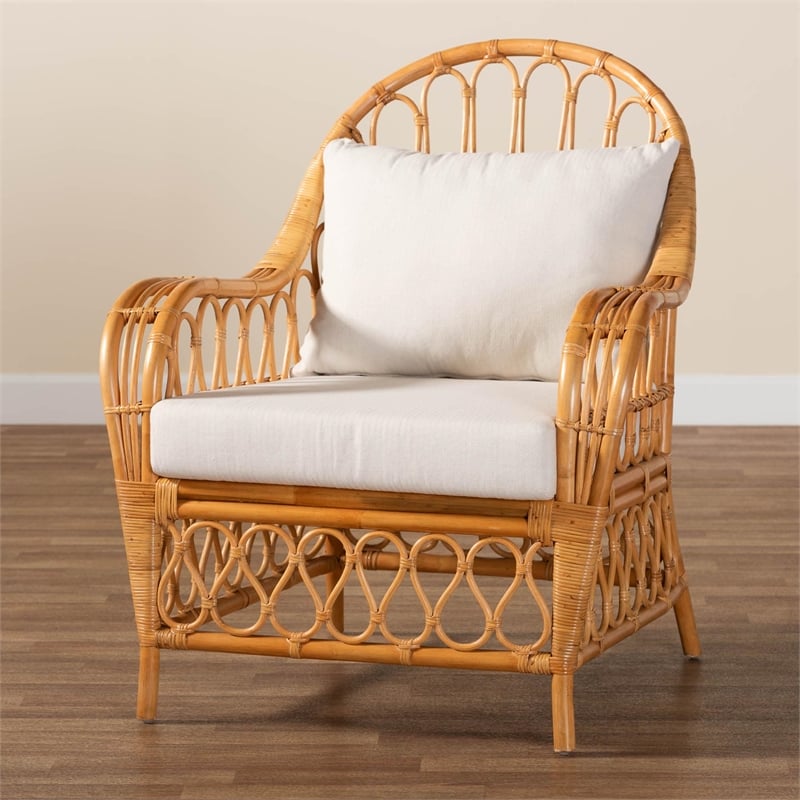 Pemberly Row Light Honey Rattan Arm Chair with Removable Cushions