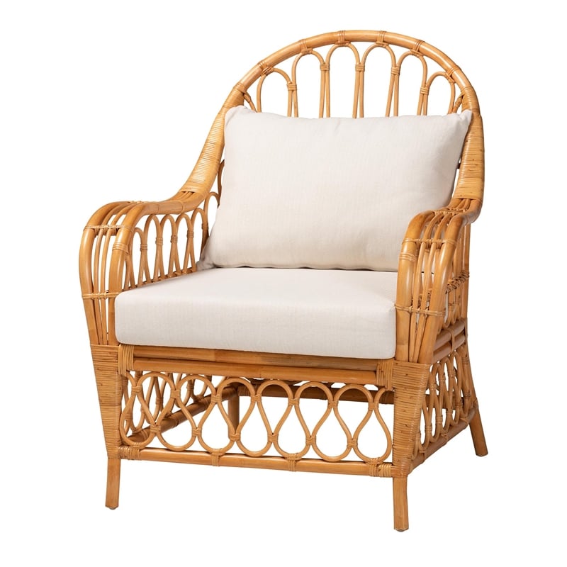 Pemberly Row Light Honey Rattan Arm Chair with Removable Cushions