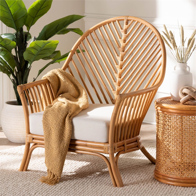 Pemberly Row Light Honey Rattan Arm Chair with Chevron Design