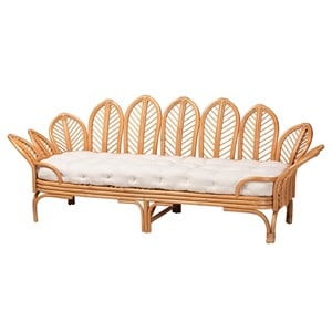 Pemberly Row Light Honey Rattan Daybed with Cushion and Flora Design