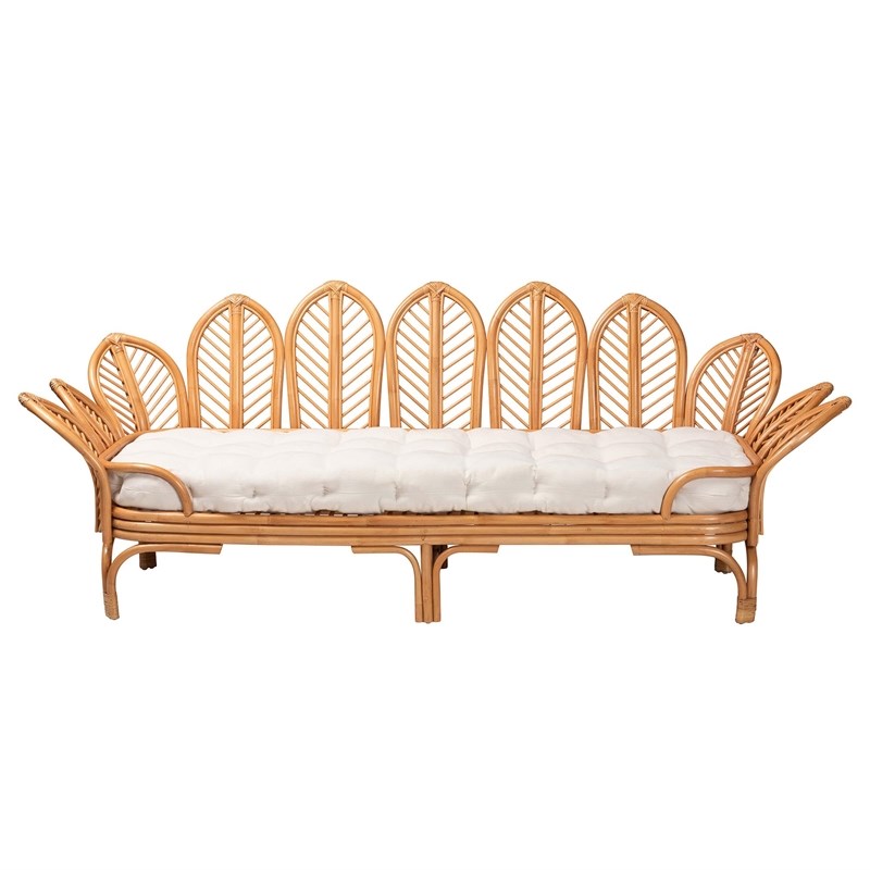 Pemberly Row Light Honey Rattan Daybed with Cushion and Flora Design