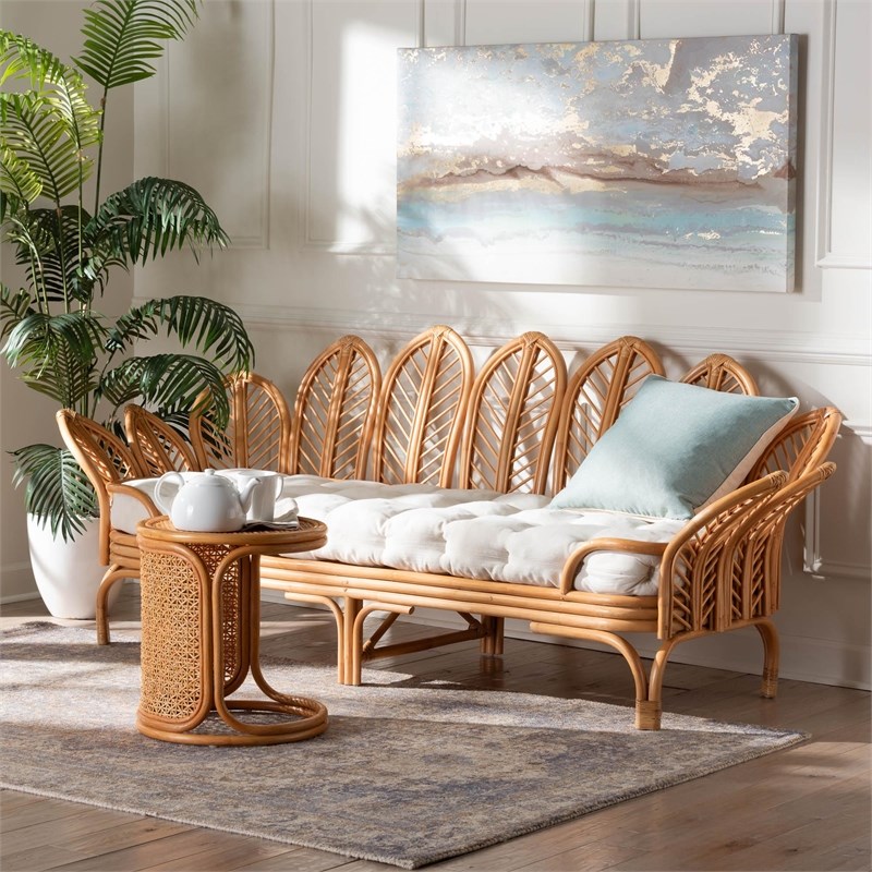 Pemberly Row Light Honey Rattan Daybed with Cushion and Flora Design