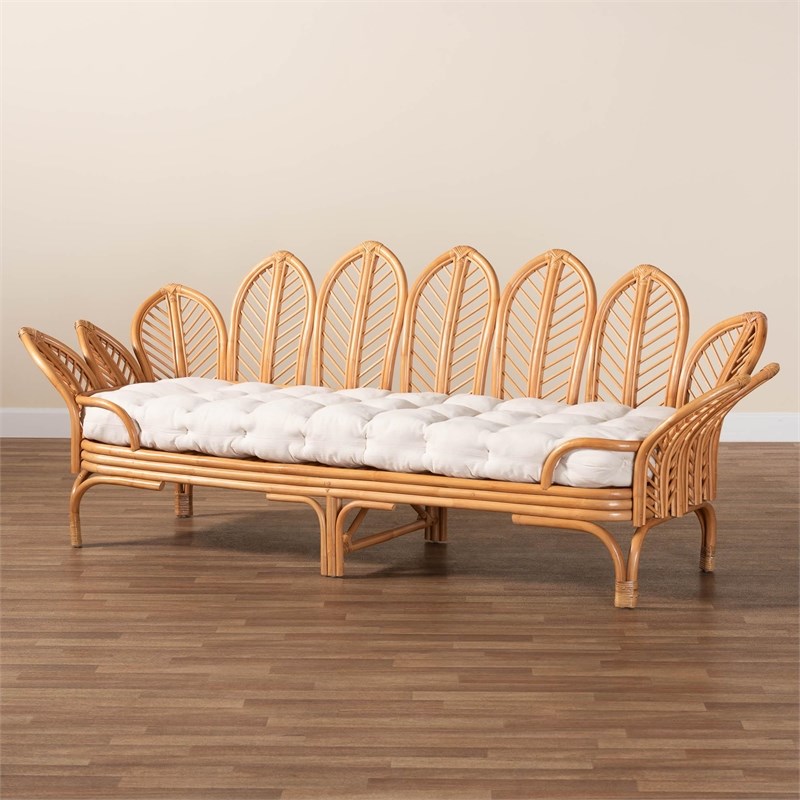 Pemberly Row Light Honey Rattan Daybed with Cushion and Flora Design