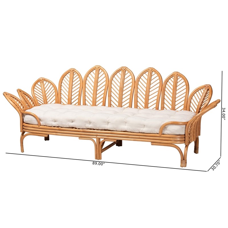 Pemberly Row Light Honey Rattan Daybed with Cushion and Flora Design