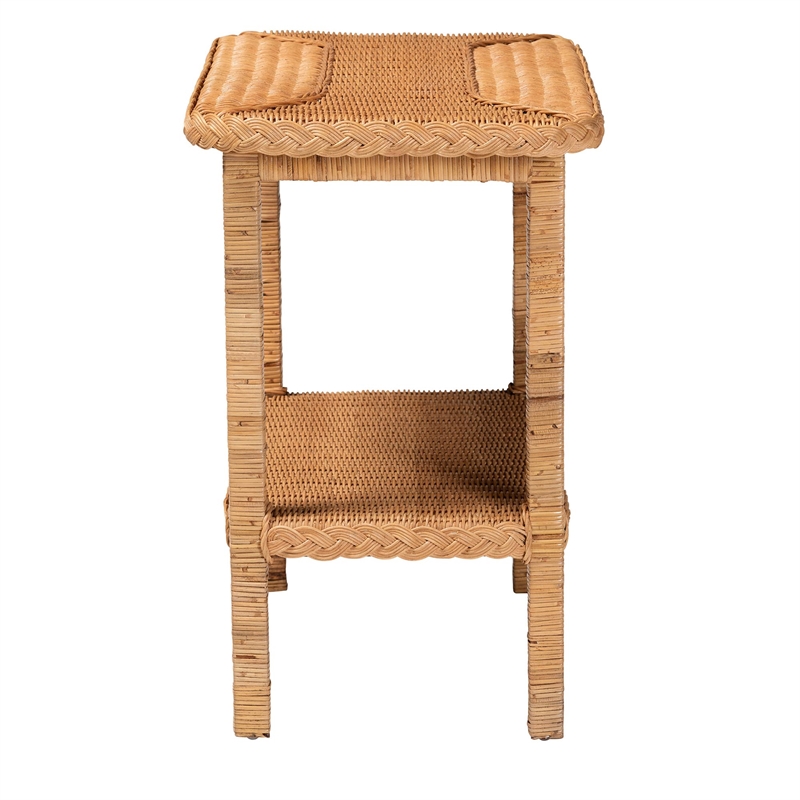 Pemberly Row Light Honey Braided Rattan Side Table with Shelf