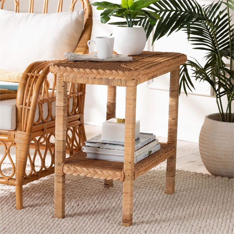 Pemberly Row Light Honey Braided Rattan Side Table with Shelf