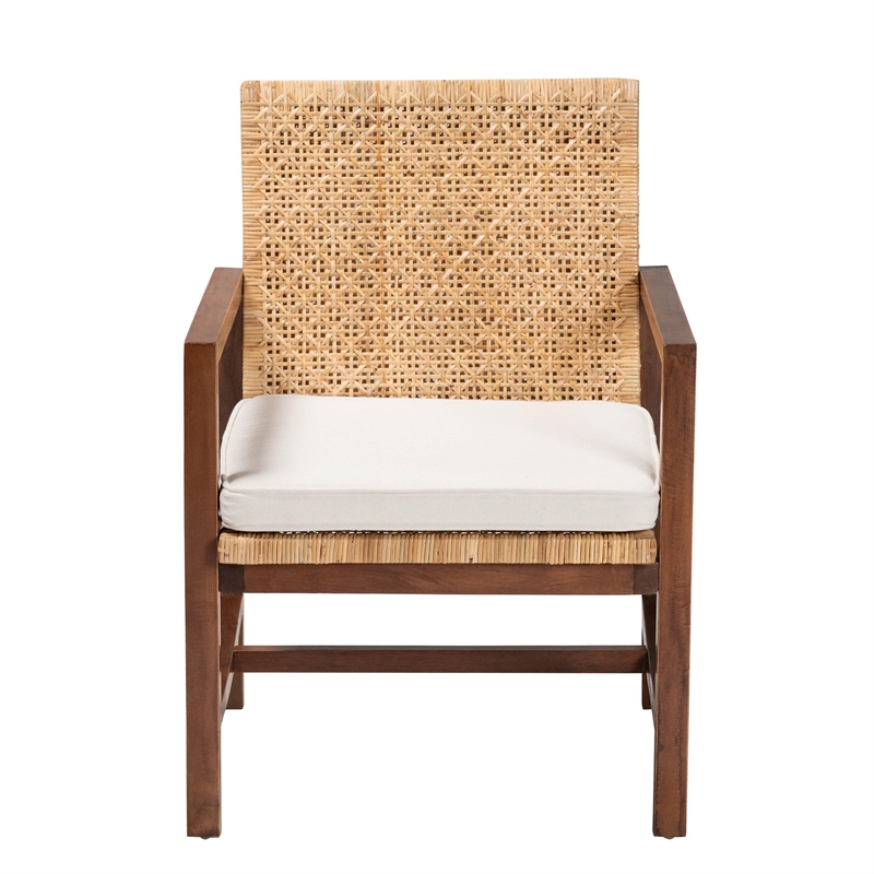 Pemberly Row Light Honey Rattan and Acacia Wood Arm Chair with Cushion
